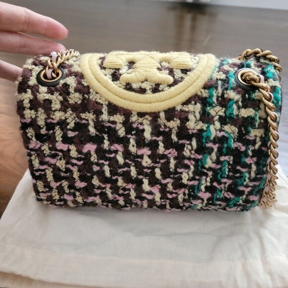 Tory Burch Fleming Tweed Convertible Shoulder Bag Brown Butter Yellow Designer - Picture 6 of 14
